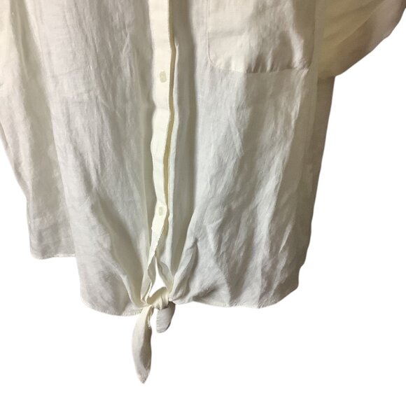 Charter Club Women’s White Linen Button Front Tie Hem Shirt Size M Collarless - Picture 12 of 16